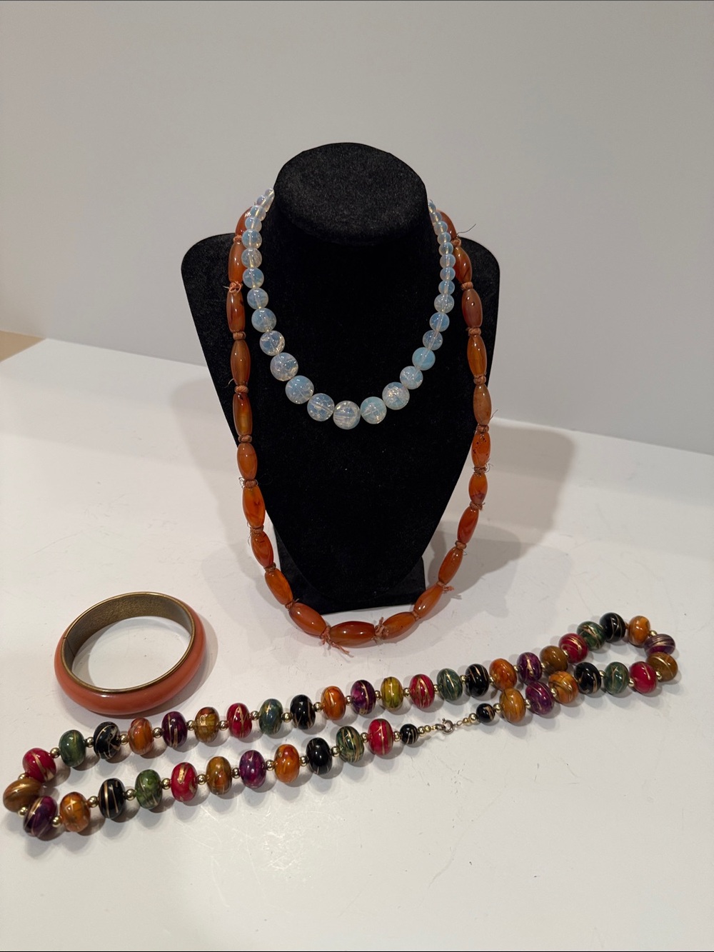 Amber like  Bead Statement Necklace and Opalescent Bead Short Necklace Set